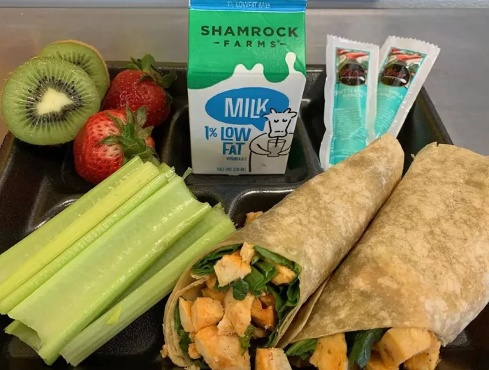 A lunch tray: a whole grain-rich wrap with chicken and vegetables, fresh fruit, celery, and plain 1% milk