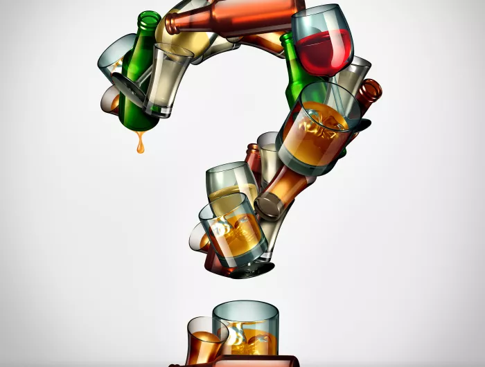 Graphic rendering of a question mark composed of liquor bottles and alcoholic drinks.