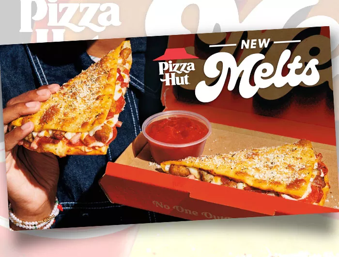 Pizza Hut Pizza melts ad with a box, 2 pizza melts and dipping sauce