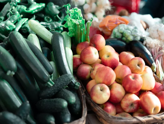 Fruits and vegetables on display in a market