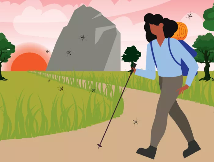 cartoon image of woman hiking on a trail with a rock and grass near by