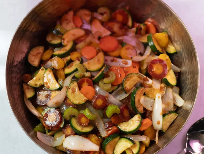 bowl of colorful stir-fried veggies