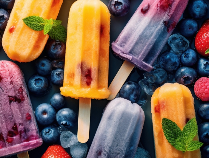yellow, blue and purple fruit popsicles laying on blueberries