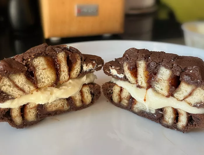 Cinnabon S'mores Cookie BonBite cut in half down the middle