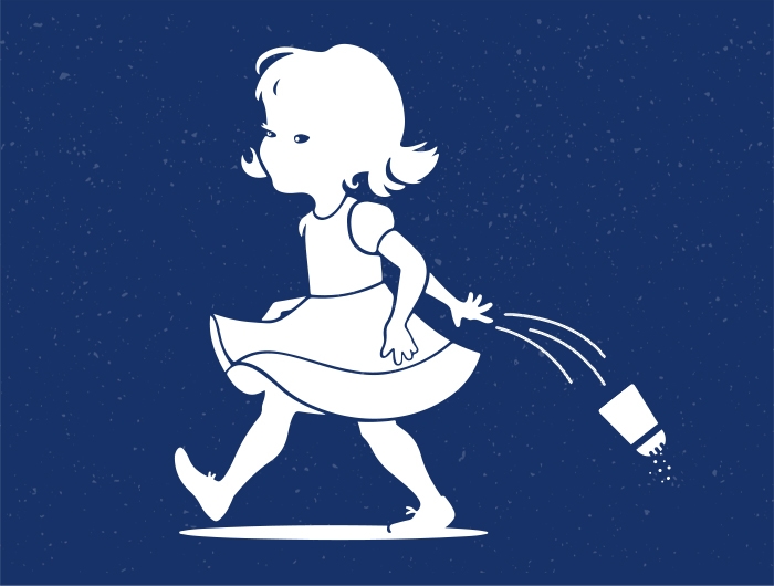 An illustration of a little girl throwing away a salt shaker