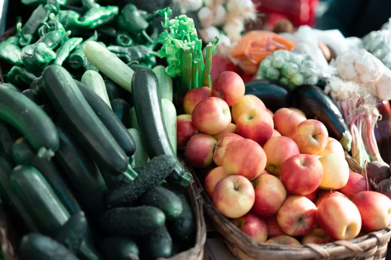 Fruits and vegetables on display in a market