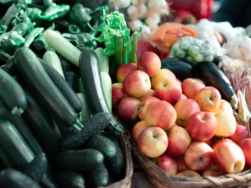 Fruits and vegetables on display in a market