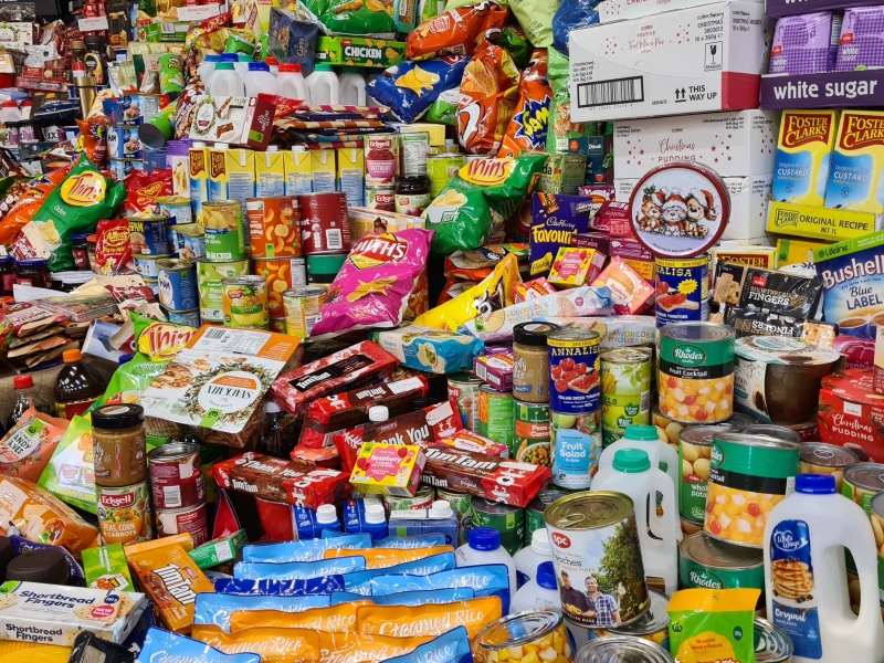 A small mountain of assorted pre-packaged foods