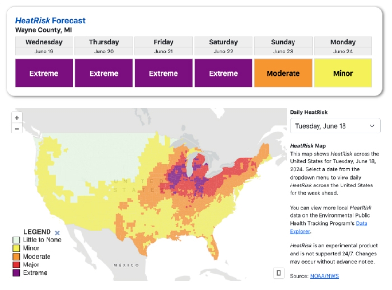 screen sot of the cdc heat risk map