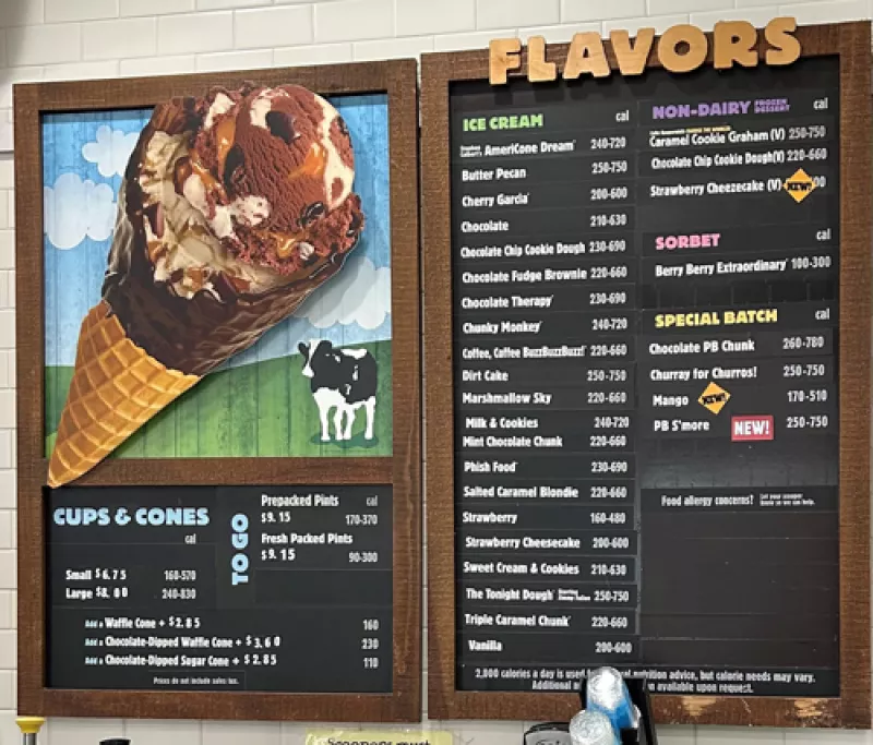 A Ben & Jerry's menu board