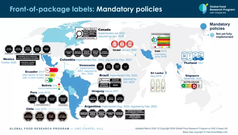 A map outlining mandatory front-of-package labeling schemes around the world. Updated March 2024.