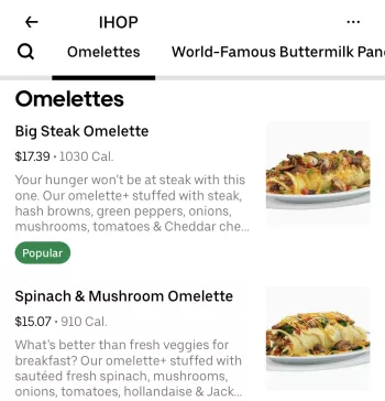 The IHOP menu as displayed on Uber Eats