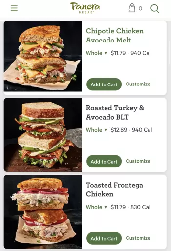 A screenshot of Panera Bread's website on a mobile browser