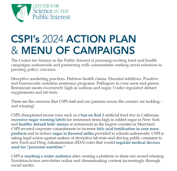 Cover page for CSPI’s 2024 Action Plan & Menu Of Campaigns