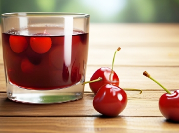 cherry juice on table with cherries